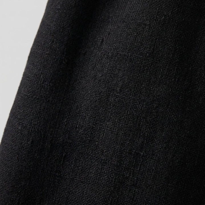 Close-up of the linen-blend fabric and stand collar