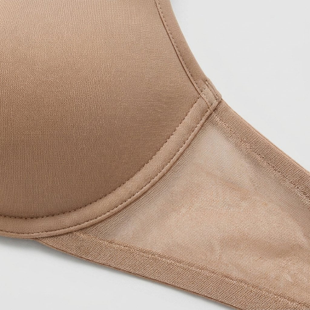 Pauline taupe plunge bra, nylon and spandex fabric close-up