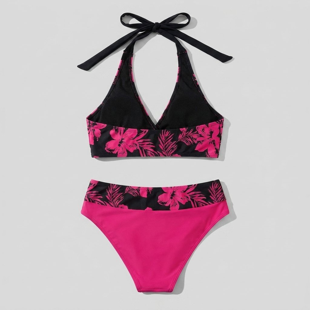Penny black and pink floral bikini set flat-lay back