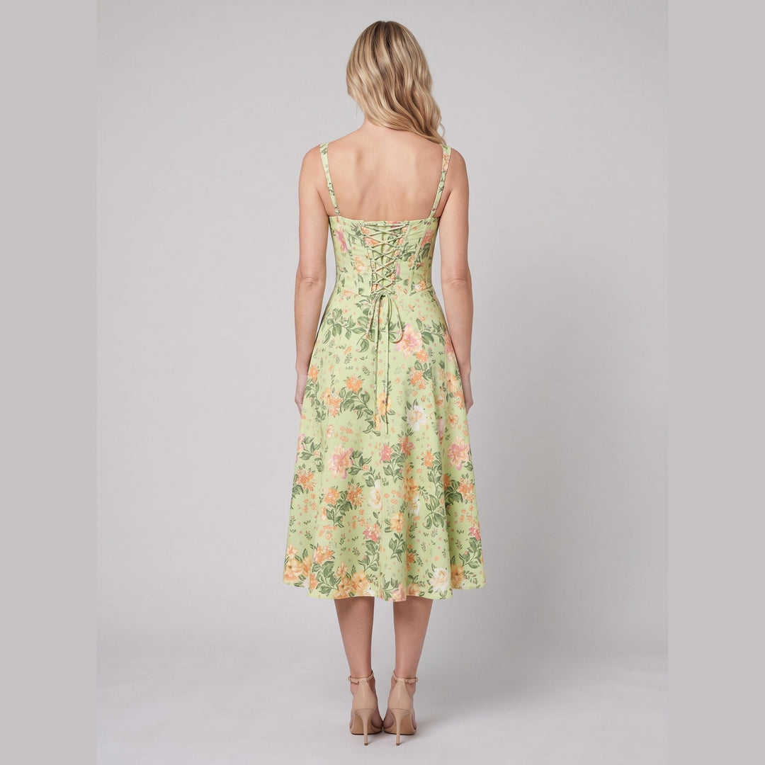 Perrine floral midi dress lime back with corset lacing