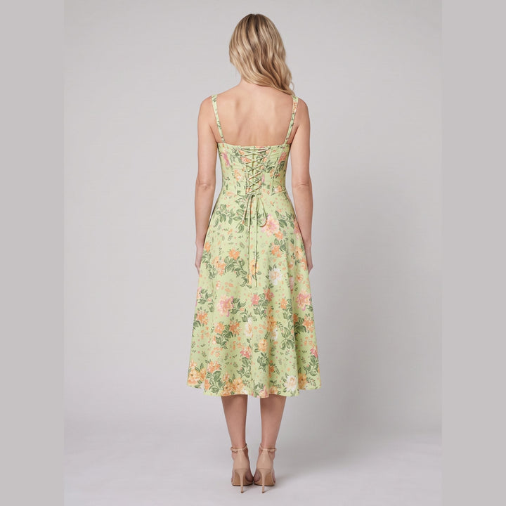 Perrine floral midi dress lime back with corset lacing