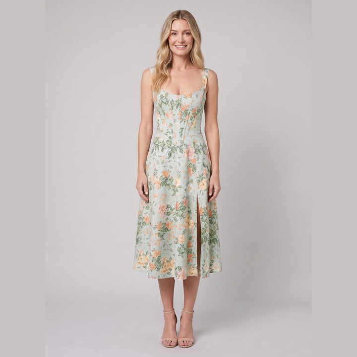 Perrine corset floral midi dress lime front