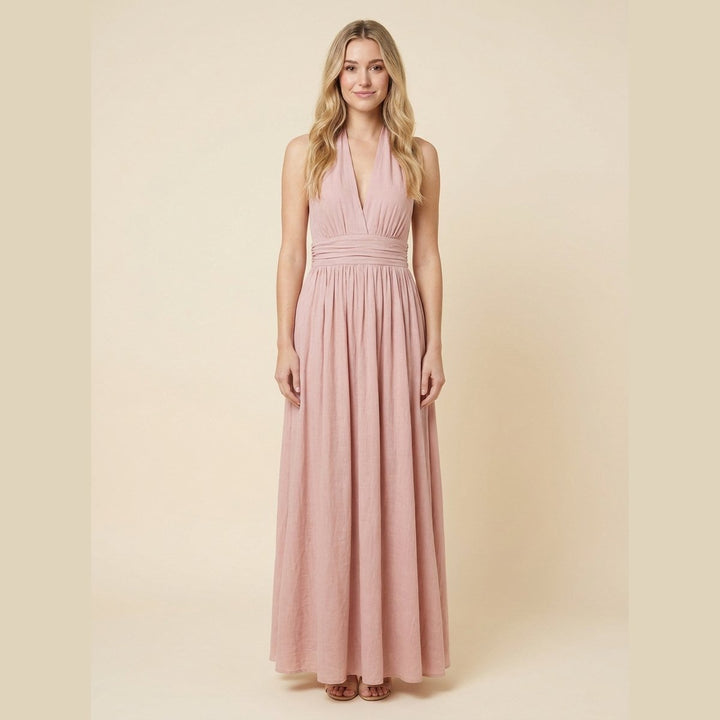 Phaedra boho halter maxi dress dusty pink on model