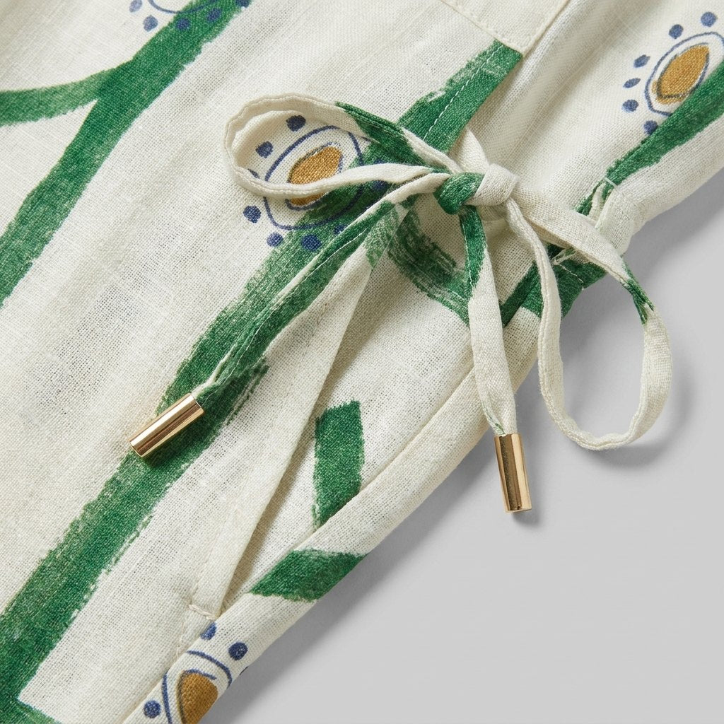 Pine linen green print fabric and drawstring detail