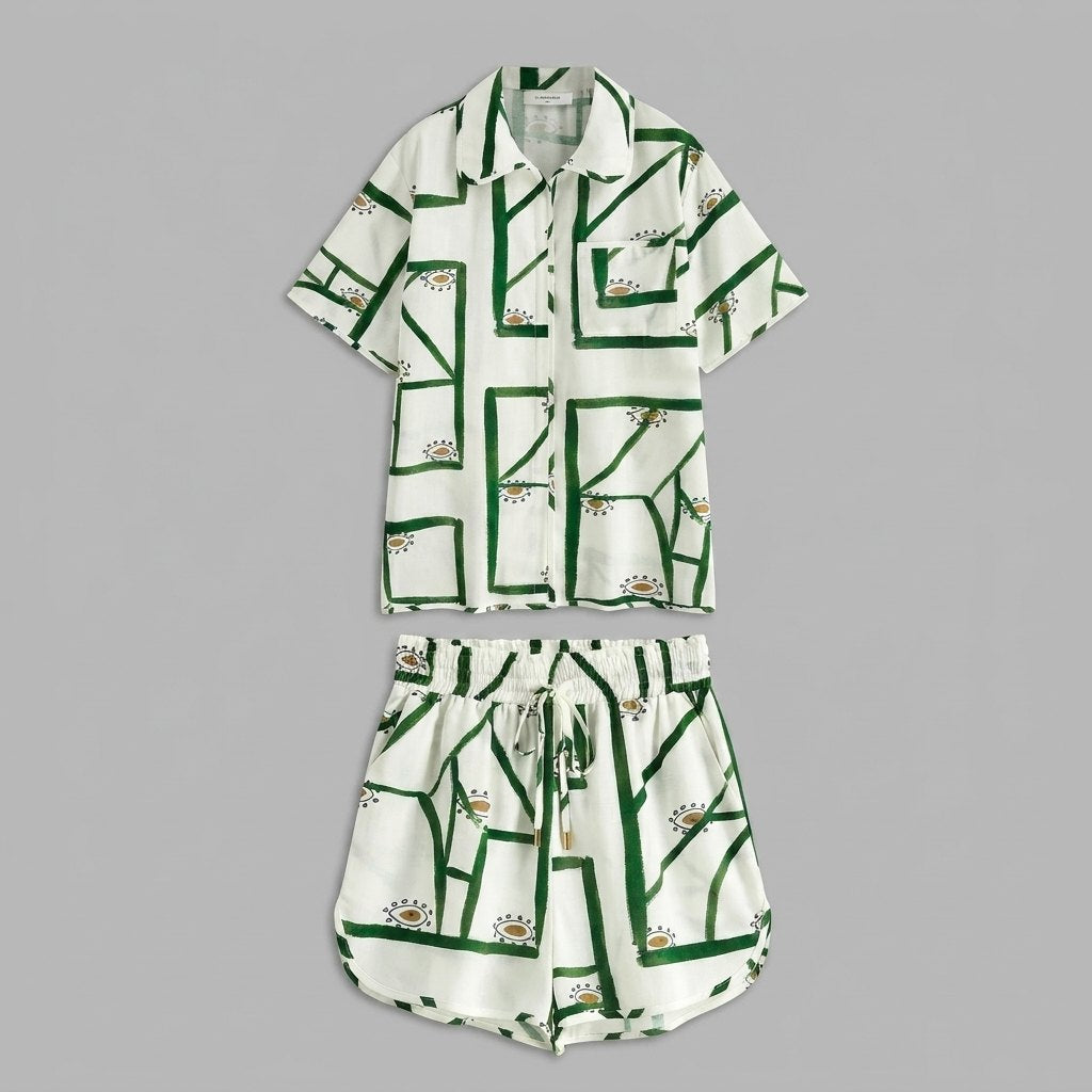 Pine linen shorts set flat-lay front