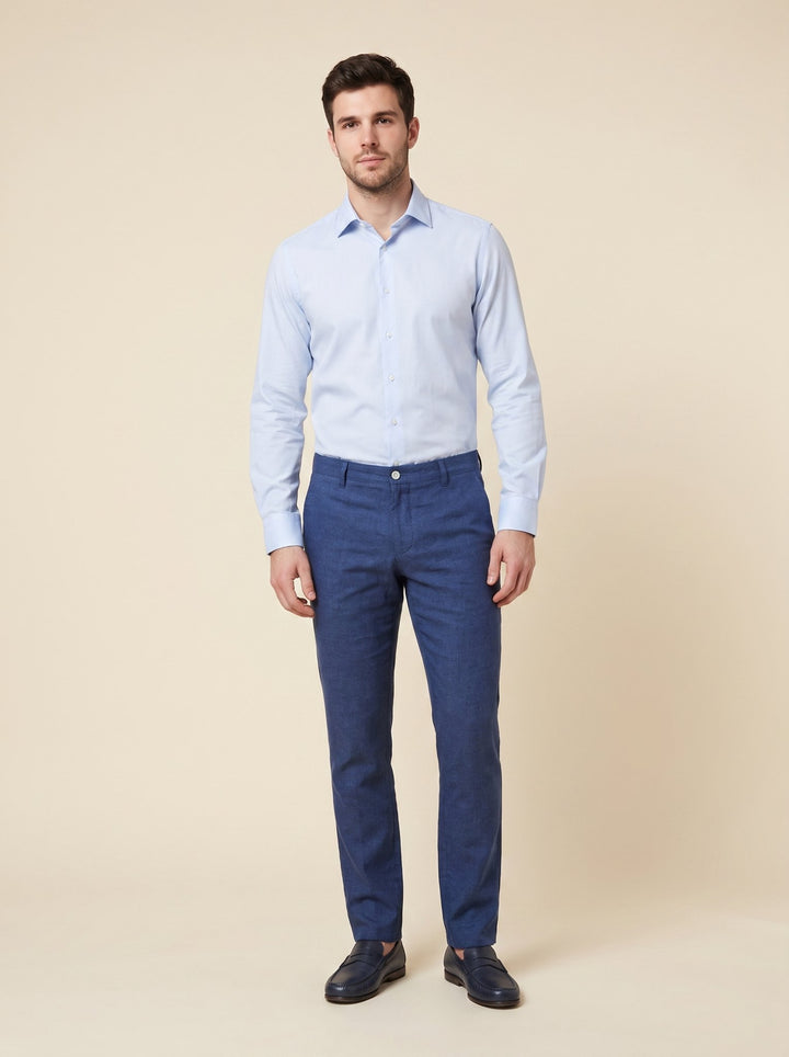 Plyer linen trousers indigo blue front on model