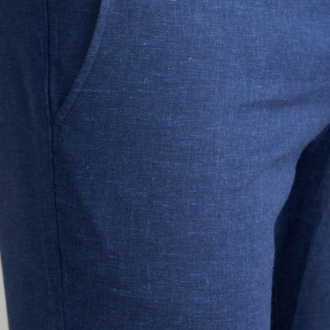 Plyer linen trousers indigo blue fabric close-up