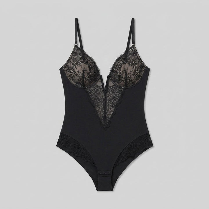 Poppy lace deep-V bodysuit black