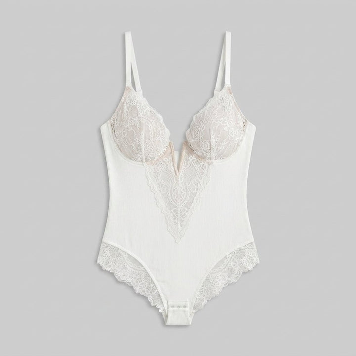 Poppy lace deep-V bodysuit white