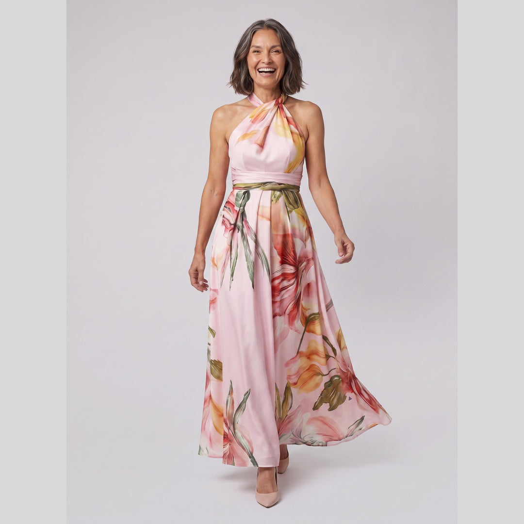 Pink floral print draped halter neck maxi gown - The store Vancouver