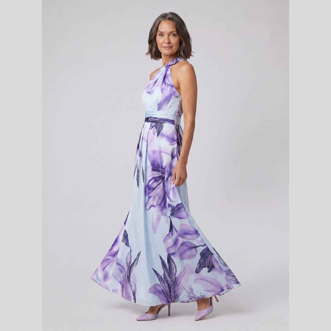 Purple floral print draped halter neck maxi gown - The store Vancouver