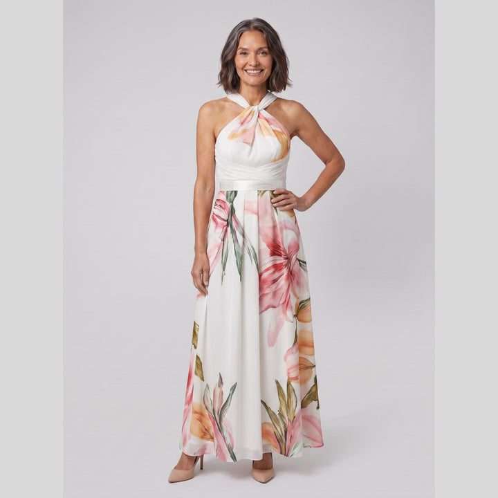 White floral print draped halter neck maxi gown - The store Vancouver