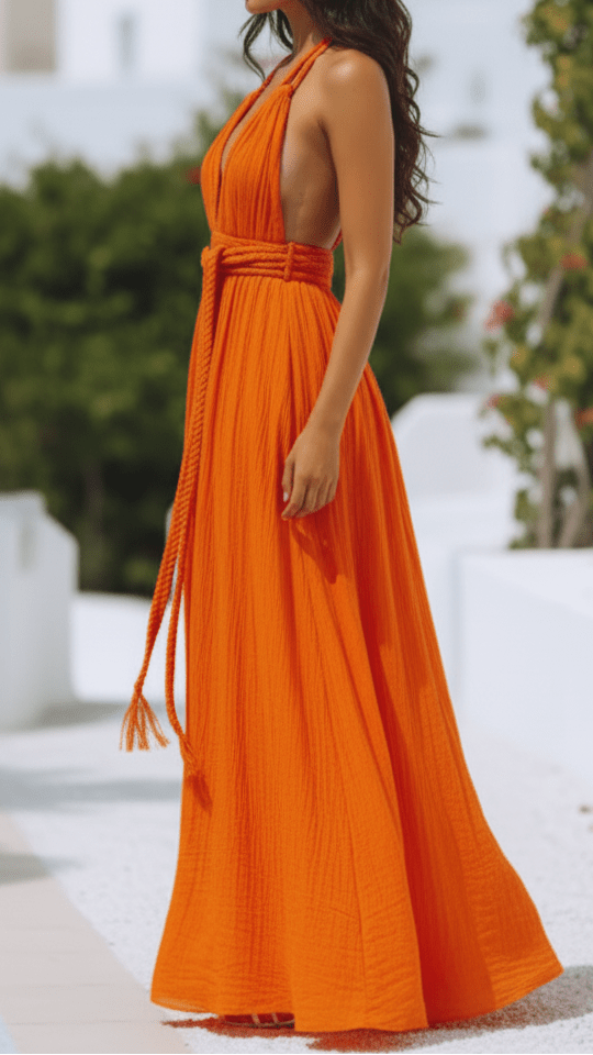 Orange halter maxi dress showing the bare back and halter tie, on model