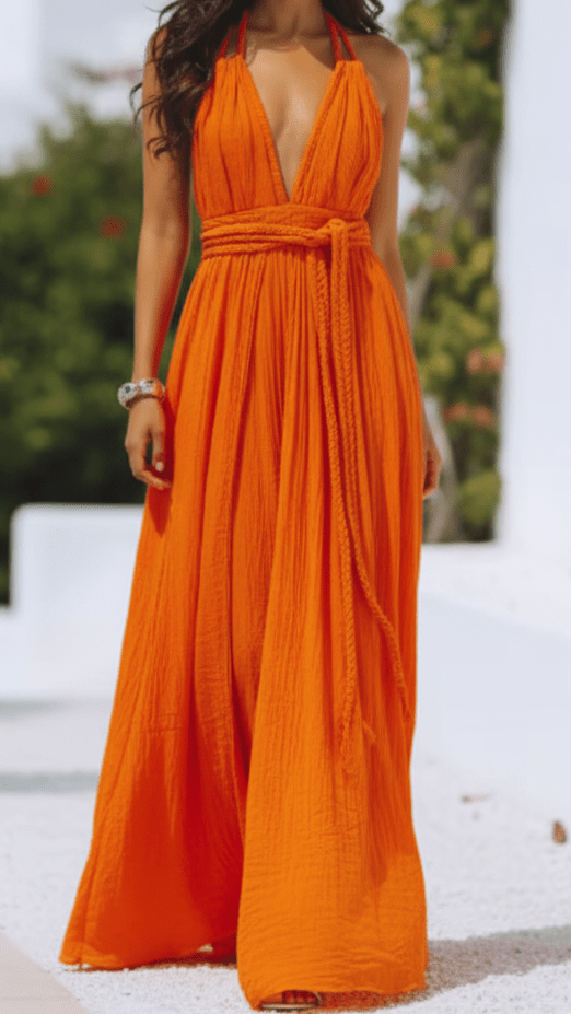Orange plisse-pleated halter maxi dress, side view on model