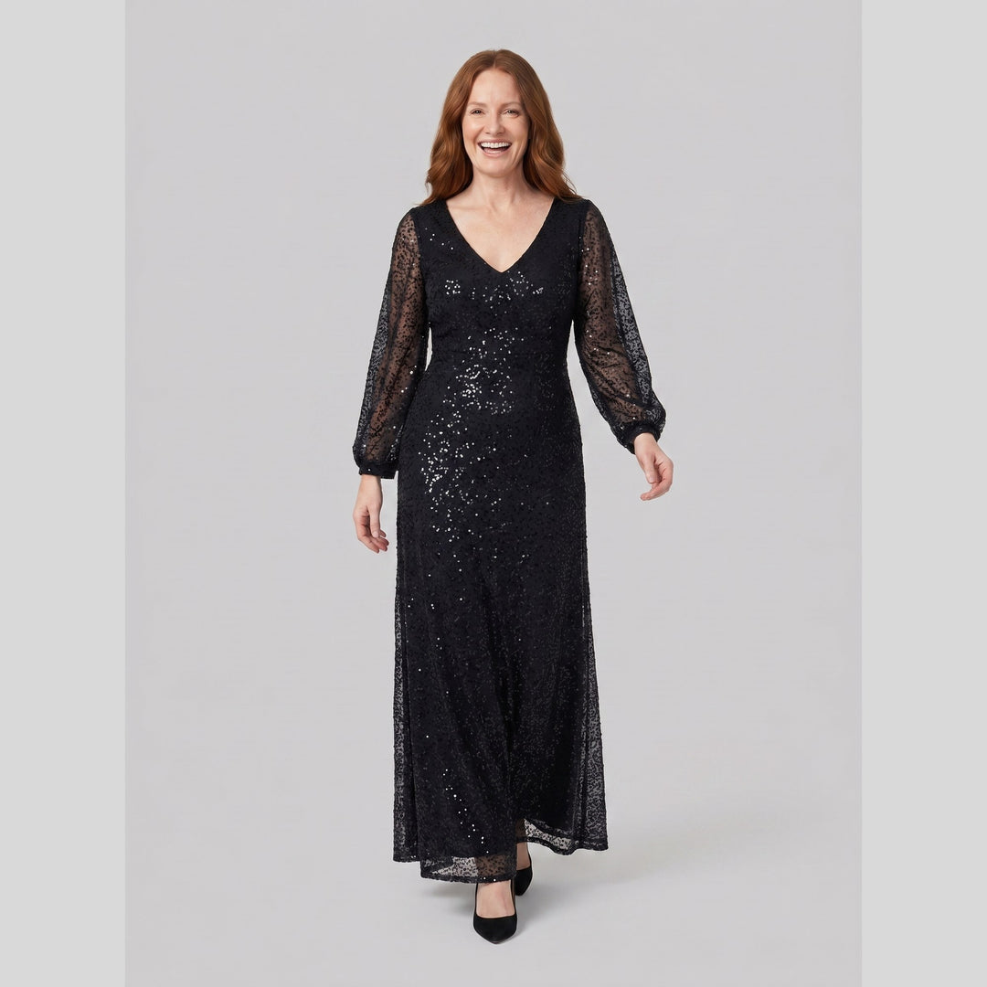 Black sequin A-line V-neck lantern sleeve evening dress - The store Vancouver
