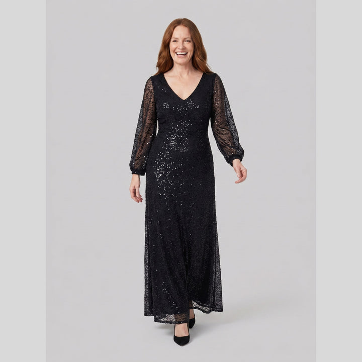 Black sequin A-line V-neck lantern sleeve evening dress - The store Vancouver