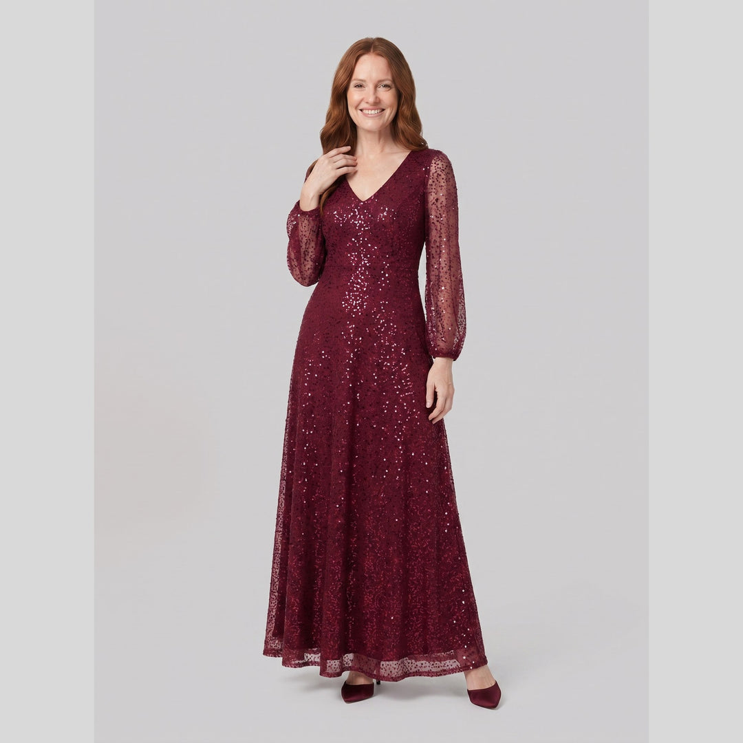 Burgundy sequin A-line V-neck lantern sleeve evening dress - The store Vancouver