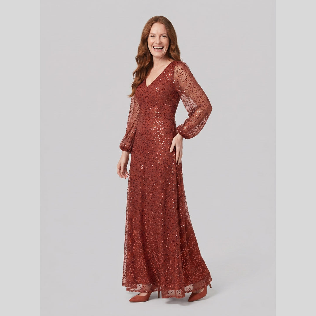 Burnt orange sequin A-line V-neck lantern sleeve evening dress - The store Vancouver
