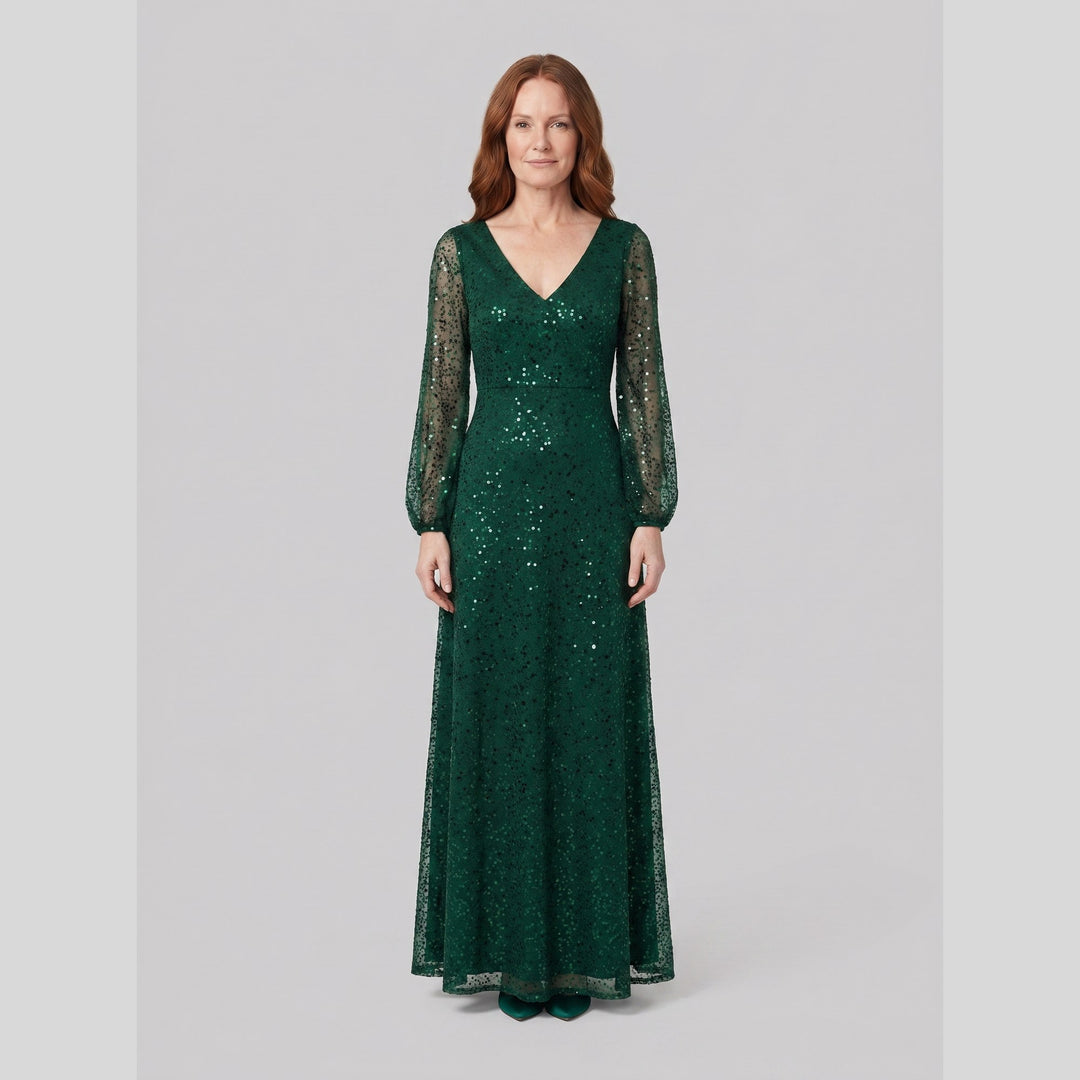 Dark green sequin A-line V-neck lantern sleeve evening dress - The store Vancouver