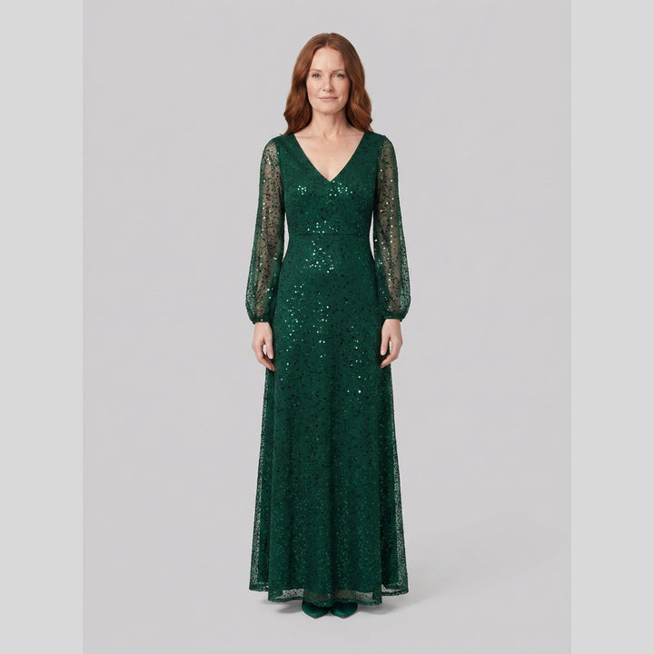 Dark green sequin A-line V-neck lantern sleeve evening dress - The store Vancouver