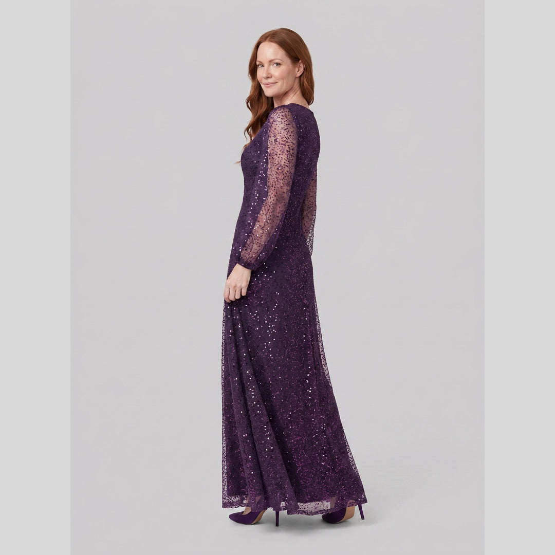 Dark purple sequin A-line V-neck lantern sleeve evening dress - The store Vancouver