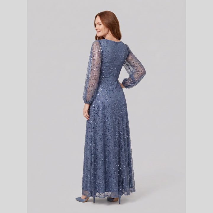 Dusty blue sequin A-line evening dress back view - The store Vancouver