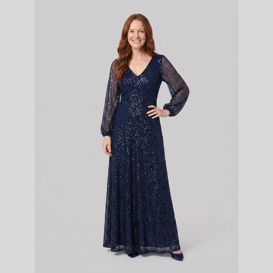 Navy blue sequin A-line V-neck lantern sleeve evening dress - The store Vancouver