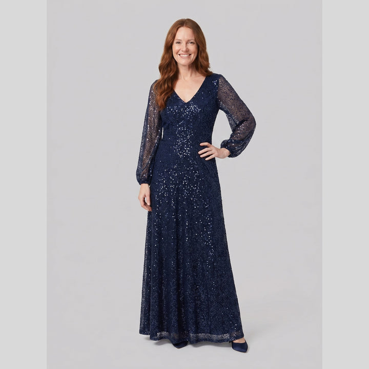 Navy blue sequin A-line V-neck lantern sleeve evening dress - The store Vancouver
