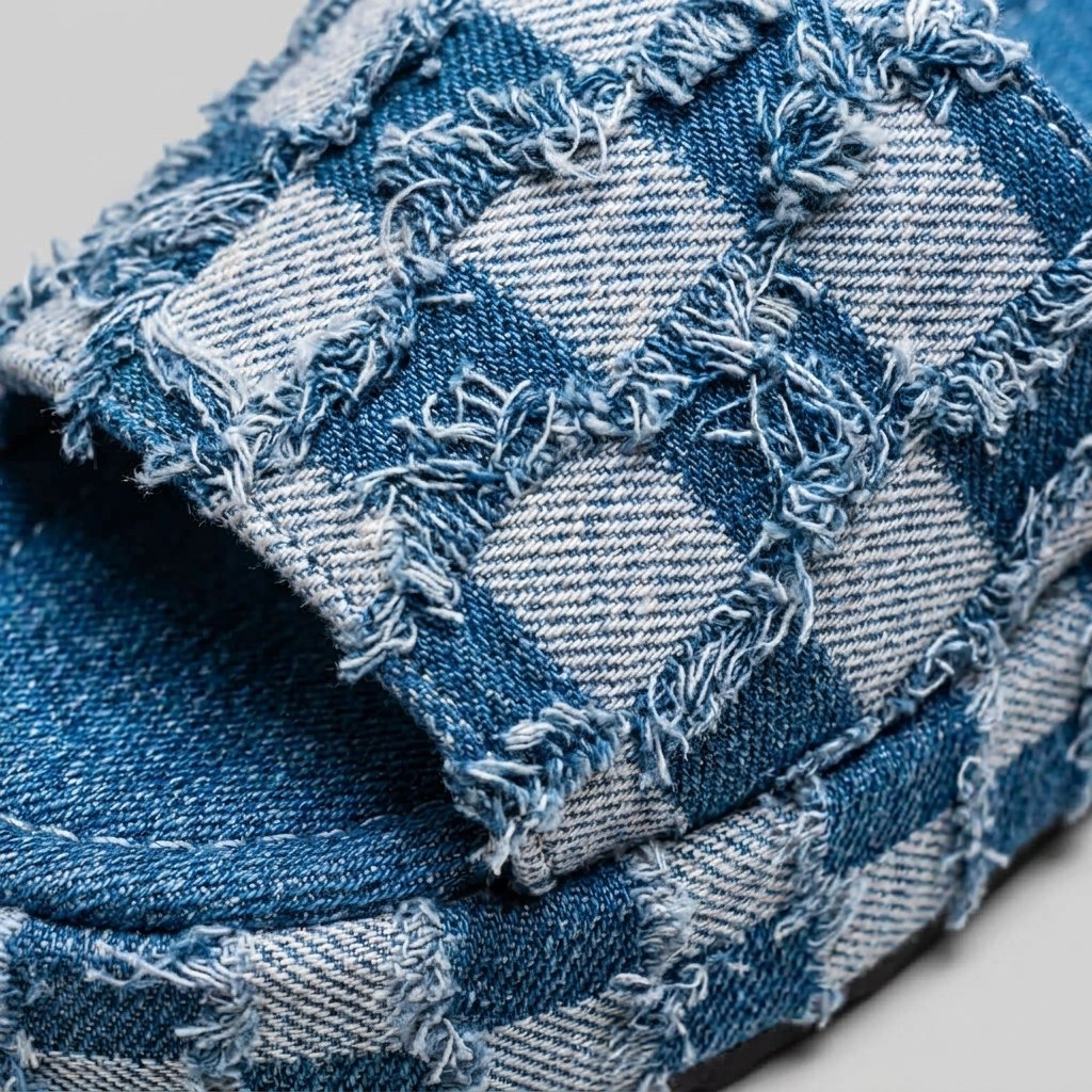Riley denim slides frayed checkerboard detail