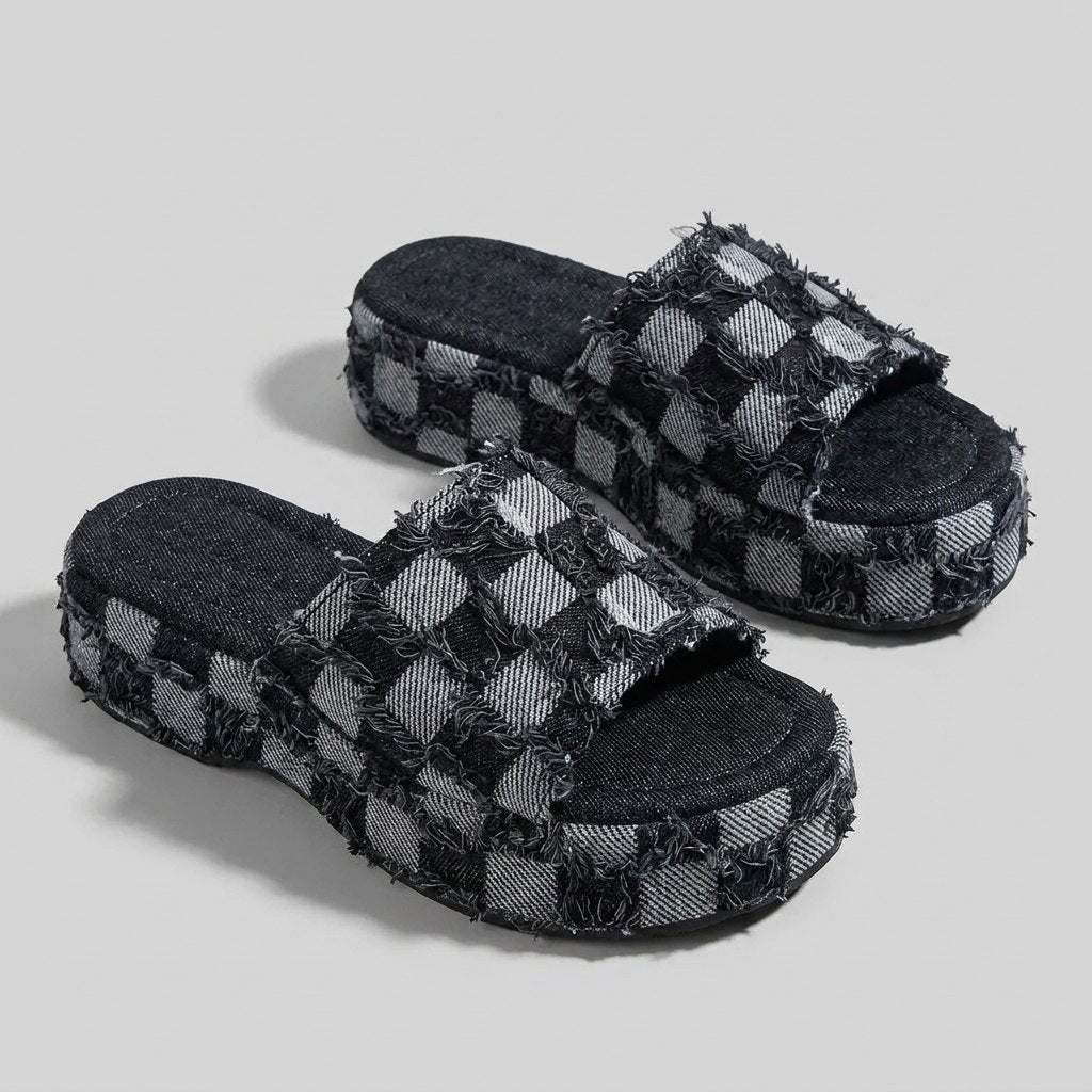 Riley denim checkerboard slides midnight black