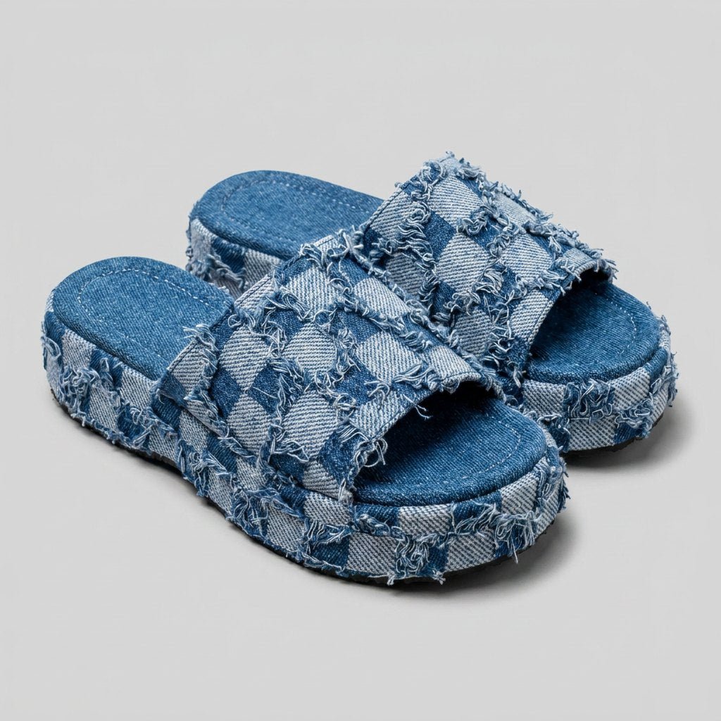 Riley denim checkerboard slides sea blue