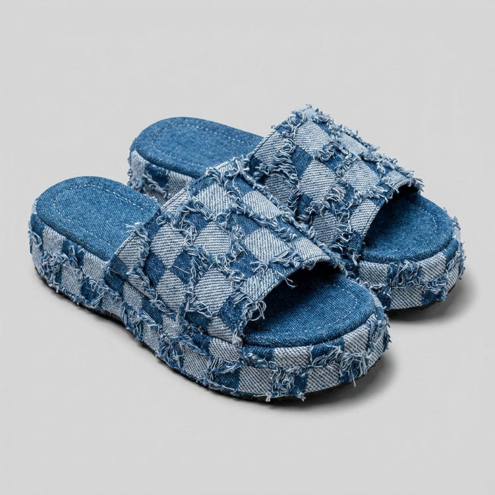 Riley denim checkerboard slides sea blue