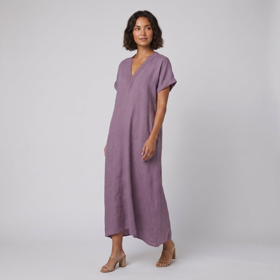 Riva purple lace kaftan maxi dress on model side pose