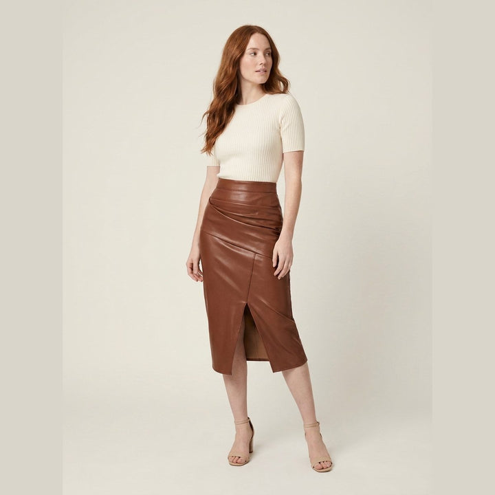Riva faux leather midi skirt camel on model