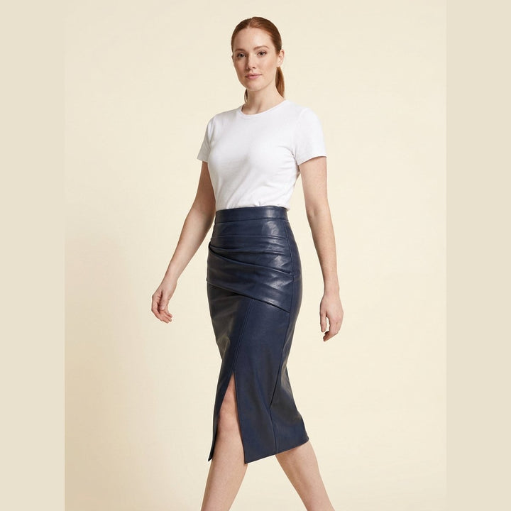 Riva faux leather midi skirt navy on model