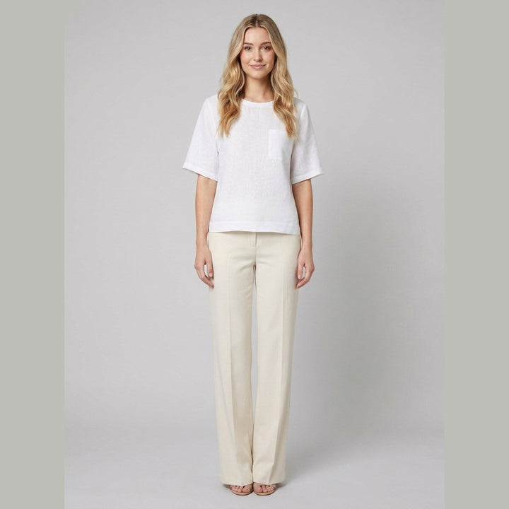 Riva white linen boxy top on model front