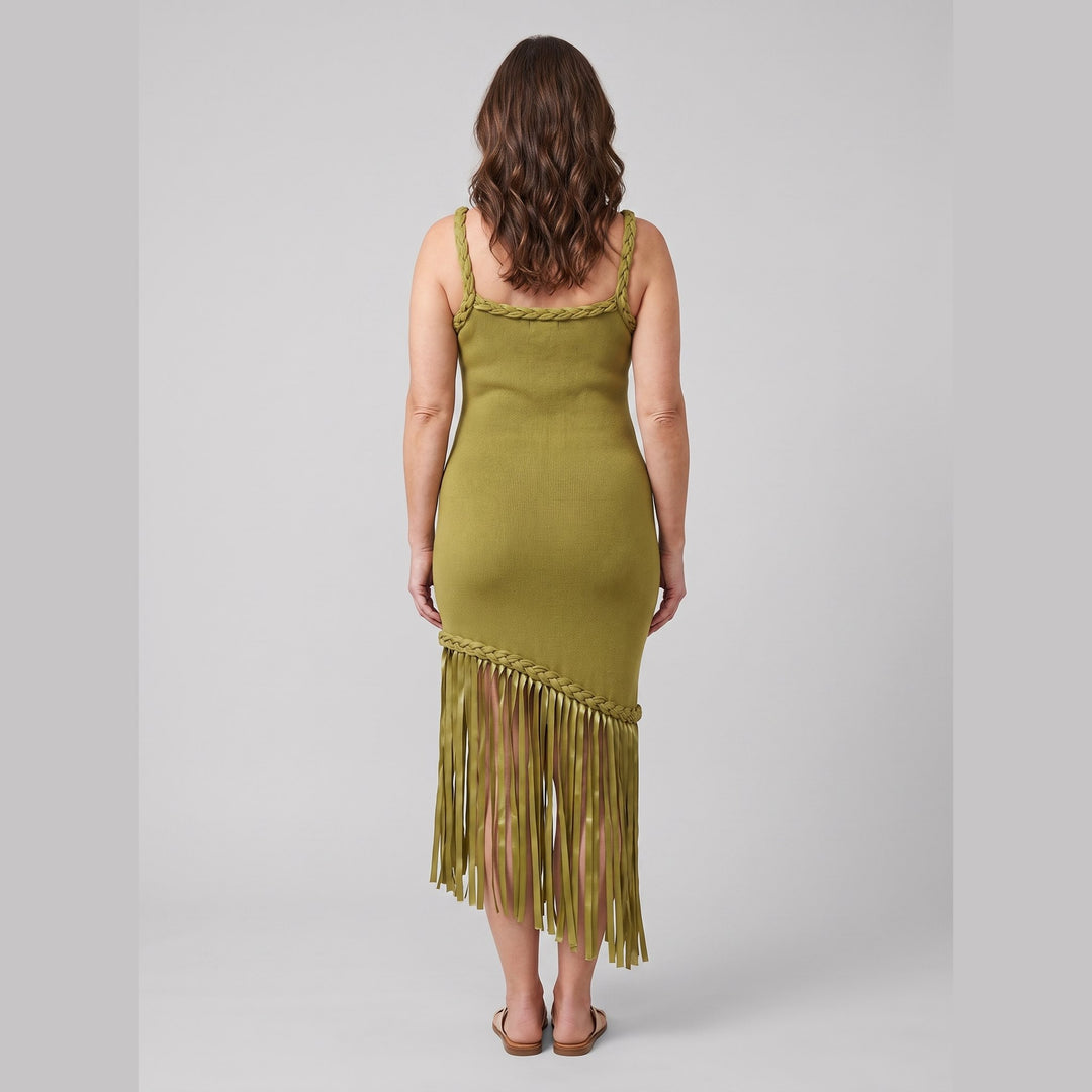 Rivara Midi Dress olive knit back view on model