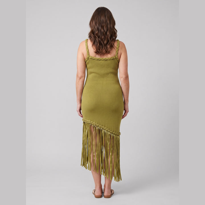 Rivara Midi Dress olive knit back view on model