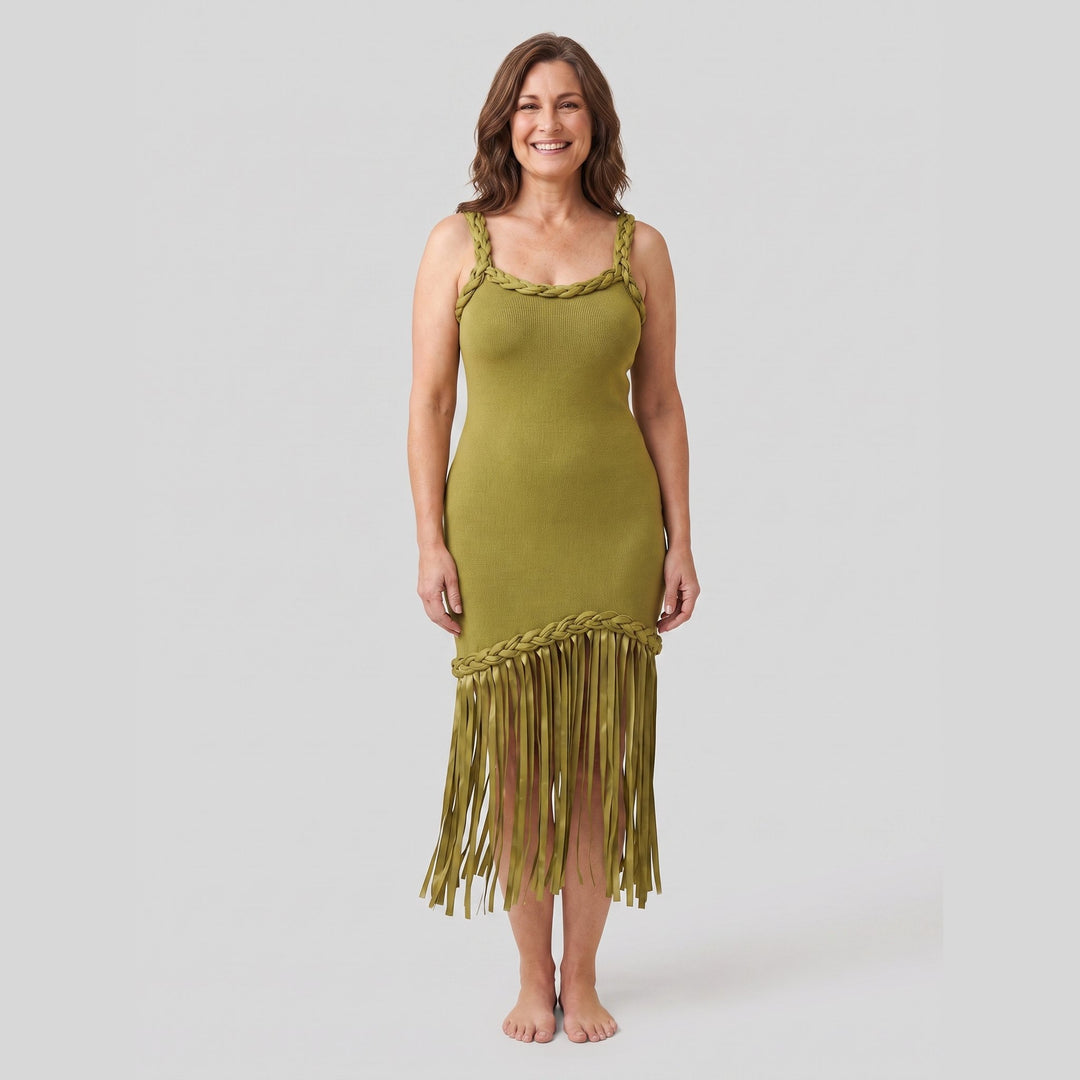 Rivara Midi Dress olive knit front view on model