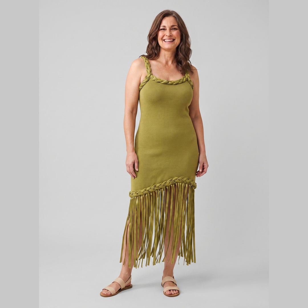 Rivara Midi Dress olive knit front pose on model
