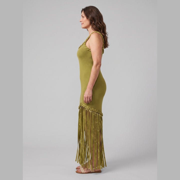 Rivara Midi Dress olive knit side view on model