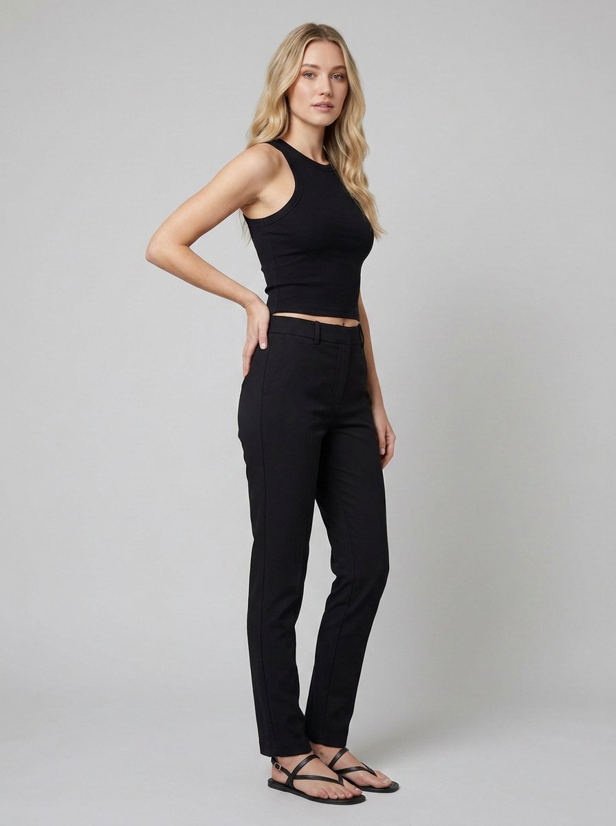 Romane ribbed crop tank top in black, worn on model