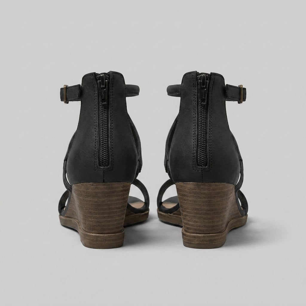Rosa Sandals rear view with back zipper and wedge heel