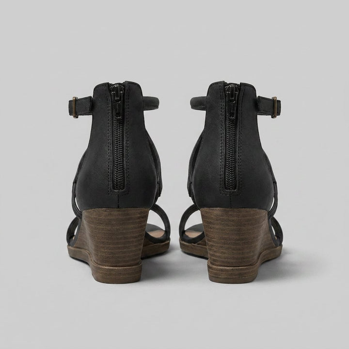 Rosa Sandals rear view with back zipper and wedge heel