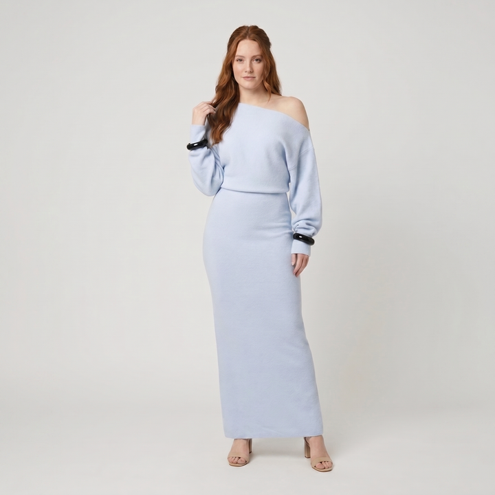 Rosa off-shoulder knit maxi dress blue