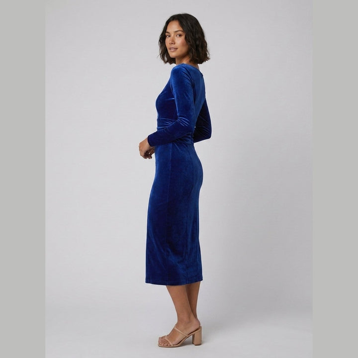 Rosalba royal blue velvet bodycon midi dress side