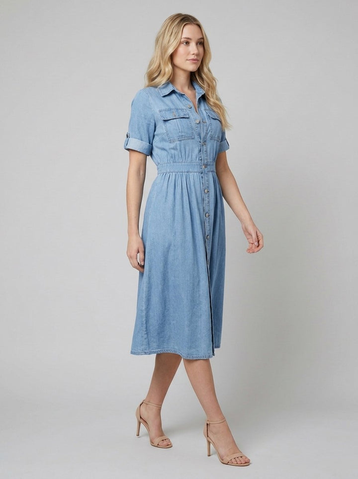 Rosalind belted denim shirt dress walking pose