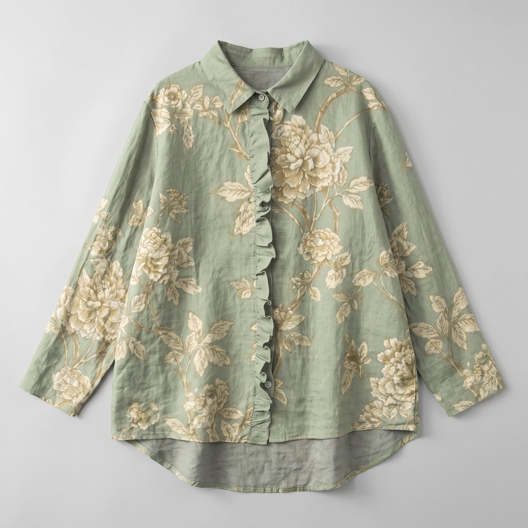 Rosalinde sage-green linen blouse product flat-lay