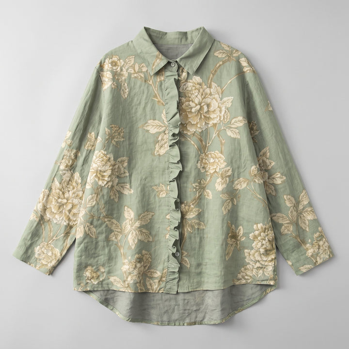 Rosalinde sage-green linen blouse product flat-lay