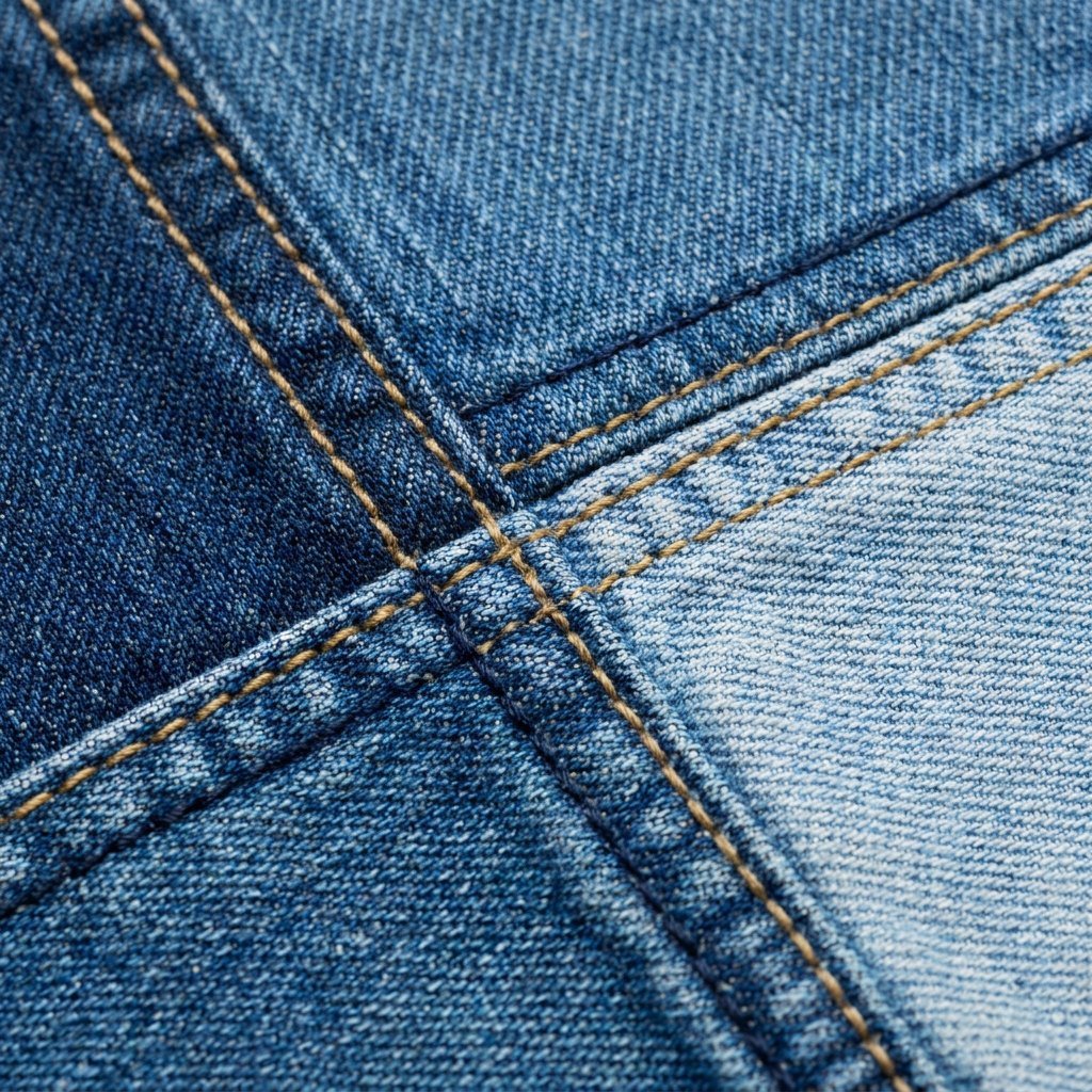 Rosamund denim patchwork panel detail